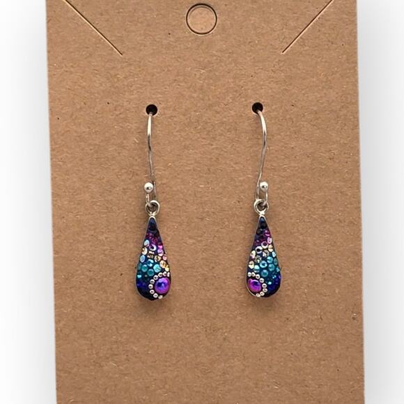 Teardrop Multi Peacock Colored Sterling Silver 925 Dangle Earrings Artsy Boho - Picture 1 of 7
